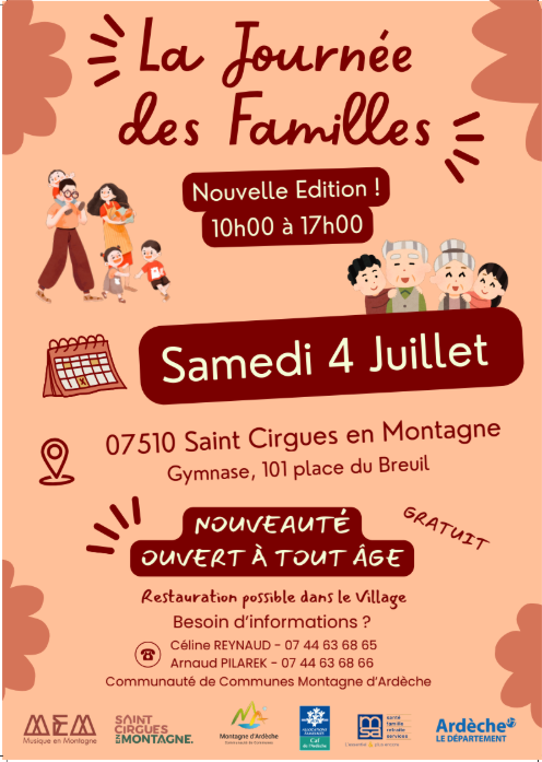 La Journée des Familles se tiendra le 4 juillet au gymnase de Saint-Cirgues-en-Montagne,de 10h à 17h.